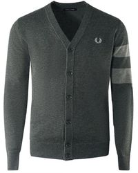 Fred Perry - Tipped Sleeve Graphite Marl Grey Button-up Cardigan - Lyst