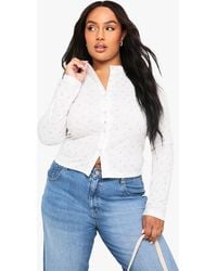 Boohoo - Plus Pointelle Ditsy Long Sleeve Button Down Fitted Top - Lyst