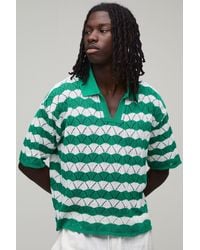 BoohooMAN - Oversized Boxy Wavy Open Stitch Knitted Polo - Lyst