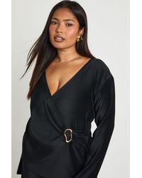 Boohoo - Plus Long Sleeve Trim Detail Plisse Top - Lyst