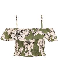 Quiz - Khaki Tropical Print Bardot Crop Top - Lyst