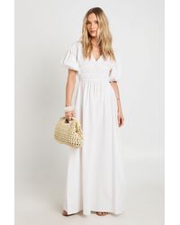 Boohoo - Petite Cotton Poplin Shirred Bodice V Neck Puff Sleeve Maxi Dress - Lyst