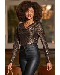 Sosandar - Petite Bronze Sequin Cowl Neck Top - Lyst