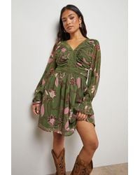 Oasis - Petite Printed Lace Trim Gathered V Neck Mini Dress - Lyst