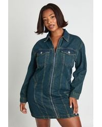 Boohoo - Plus Denim Zip Up Shift Dress - Lyst