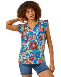 Roman - Mono Printed Frill Sleeve Top - Lyst