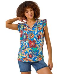 Roman - Mono Printed Frill Sleeve Top - Lyst