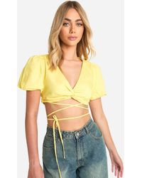 Boohoo - Puff Sleeve Knot Front Crop Top - Lyst