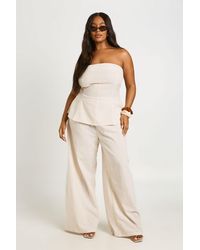 Boohoo - Plus Stripe Linen Look Bandeau Longline Top And Extreme Wide Leg Trouser Co Ord - Lyst