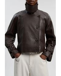 Karen Millen - Petite Leather High Neck Crop Trench Coat - Lyst