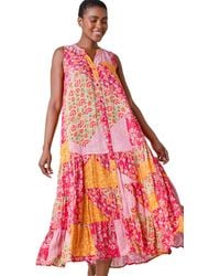 Roman - Patchwork Shimmer Smock Tiered Midi Dress - Lyst