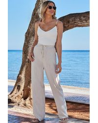 Sosandar - Natural Linen Blend Drawstring Waist Wide Leg Trousers - Lyst