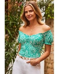 Sosandar - Baroque Print Shirred Waist Bardot Jersey Top Denim - Lyst