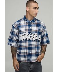 BoohooMAN - Oversized Boxy Half Sleeve Graffiti Print Check Shirt - Lyst