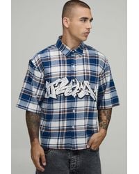 BoohooMAN - Oversized Boxy Half Sleeve Graffiti Print Check Shirt - Lyst