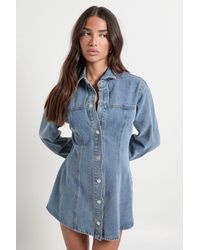 Boohoo - Petite Long Sleeve Cinched Waist Denim Dress - Lyst