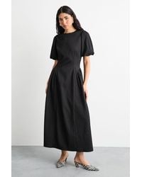 Warehouse - Textured Godet Side Puff Sleeve Midi Dress - Lyst