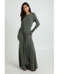 Boohoo - Slinky Long Sleeve O Ring Tie Waist Maxi Dress - Lyst