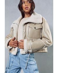MissPap - Borg Lined Textured Leather Look Aviator Jacket - Lyst