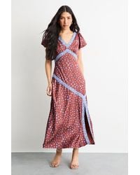 Warehouse - Animal Print Puff Sleeve Lace Trim Midi Dress With Split - Lyst