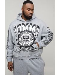 BoohooMAN - Plus Oversized Boxy Raw Seam Zip Through Gothic Varsity Print Hoodie - Lyst