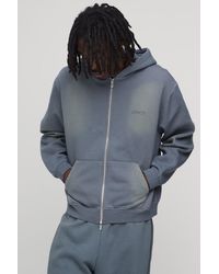 BoohooMAN - Oversized Boxy Spray Wash Embroidered Double Ended Zip Through Hoodie - Lyst