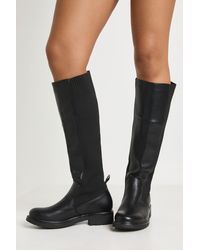 Boohoo - Elastic Panel Flat Knee High Boots - Lyst