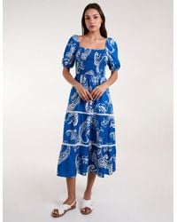 Blue Vanilla - Square Neck Puff Sleeve Shirred Waist Midi Dress - Lyst