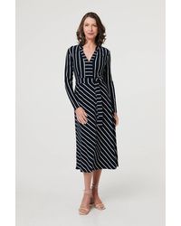 Izabel London - Striped Tie Waist Long Sleeve Midi Dress - Lyst