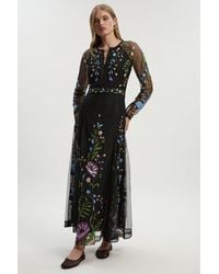 Karen Millen - Petite Placed Floral Embroidered Mesh Woven Belted Maxi Dress - Lyst