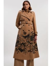 Karen Millen - Wool Placement Print Tailored Double Breasted Belted Midi Coat - Lyst