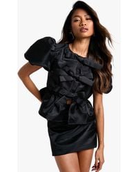 Boohoo - Taffeta Tie Front Puff Sleeve Smock Top - Lyst