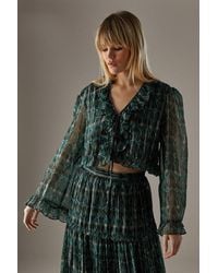 Warehouse - Metallic Chiffon Ruffle Tie Front Flared Sleeve Blouse - Lyst