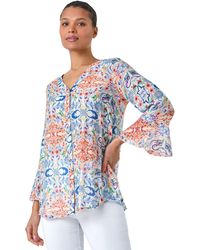 Roman - Abstract Floral Frill Sleeve Top - Lyst