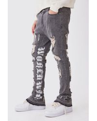BoohooMAN - Skinny Stretch Stacked Distressed Embroidered Gusset Jeans - Lyst