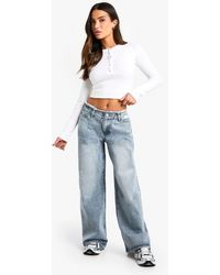 Boohoo - Petite Raw Waistband Wide Leg Jeans - Lyst