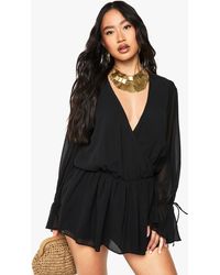 Boohoo - Chiffon Long Sleeve V Neck Playsuit - Lyst