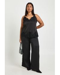 Boohoo - Plus Satin Drawstring Waist Wide Leg Trouser - Lyst
