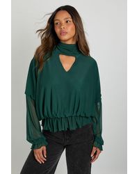 Boohoo - V Neck Mesh Blouse With Scarf - Lyst