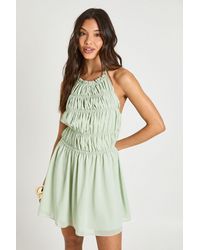 Boohoo - Chiffon Shirred Halterneck Mini Dress - Lyst