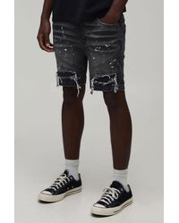 BoohooMAN - Super Skinny Biker Rip & Repair Paint Splatter Denim Shorts - Lyst