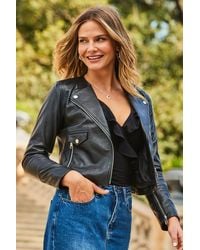 Sosandar - Leather Collarless Biker Jacket - Lyst