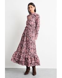 Warehouse - Chiffon Shirred Frill Detail High Neck Midi Dress - Lyst