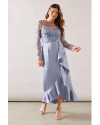 Wallis - Occasion Satin And Mesh Overlay Ruffle Maxi Dress - Lyst