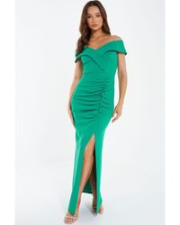 Quiz - Green Ruched Bardot Maxi Dress - Lyst