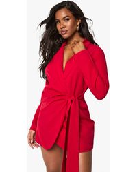 Boohoo - Linen Look Wrap Drape Front Tailored Blazer Dress - Lyst