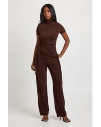 Boohoo - Textured Grown On Neck Drape Tie Top And Straight Leg Trouser Coord - Lyst