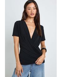 Boohoo - Tall Double Layer Slinky Super Cowl Neck Short Sleeve Ruched Top - Lyst