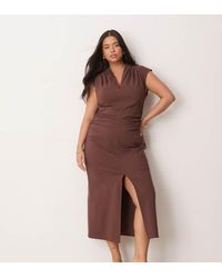 ASOS - Design V Neck Pleated Shoulder Ruched Waist Bengaline Midi Dress - Lyst