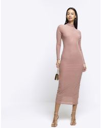 River Island - Bodycon Midi Dress Mesh Long Sleeve - Lyst